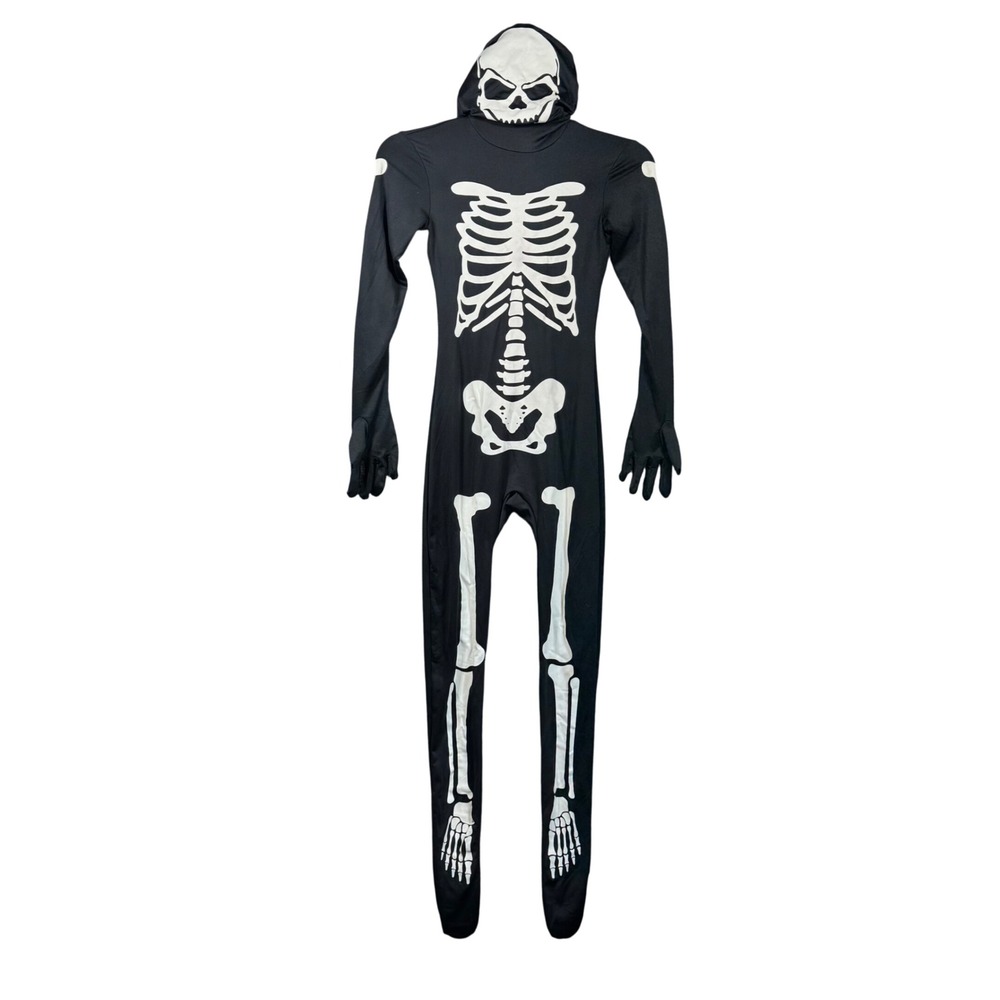 Spirit Skeleton Bodysuit Black Bone Print Hooded Jumpsuit Costume Kids Medium